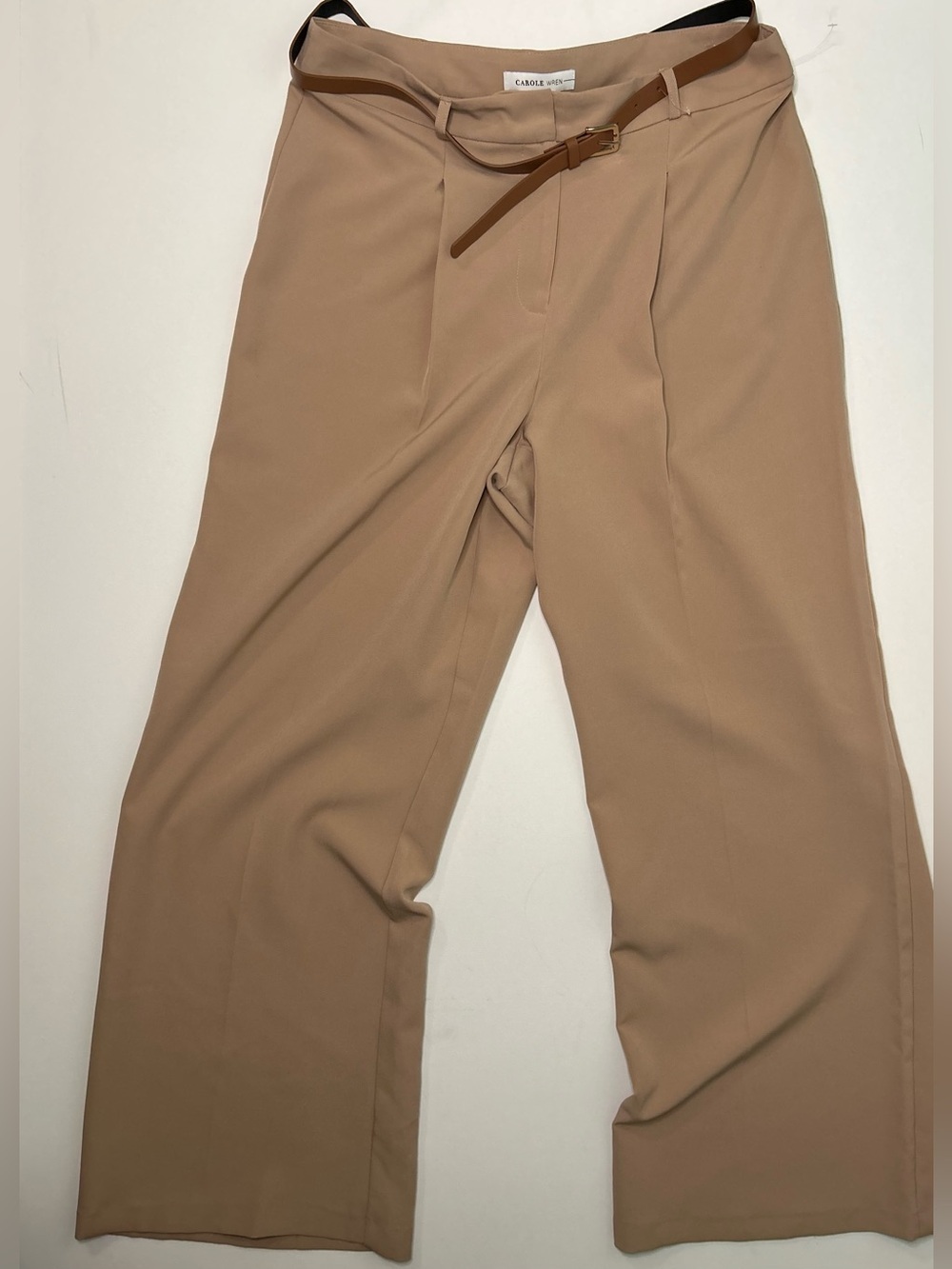 Carole Wren belted high-waist wide-leg trousers beige/taupe pleated